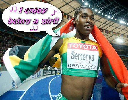 Caster Semenya celebrates after crushing the competition at the World Atheletic Championships in Berlin. We are unable to show the athelete from the waist down due to legal restrictions.